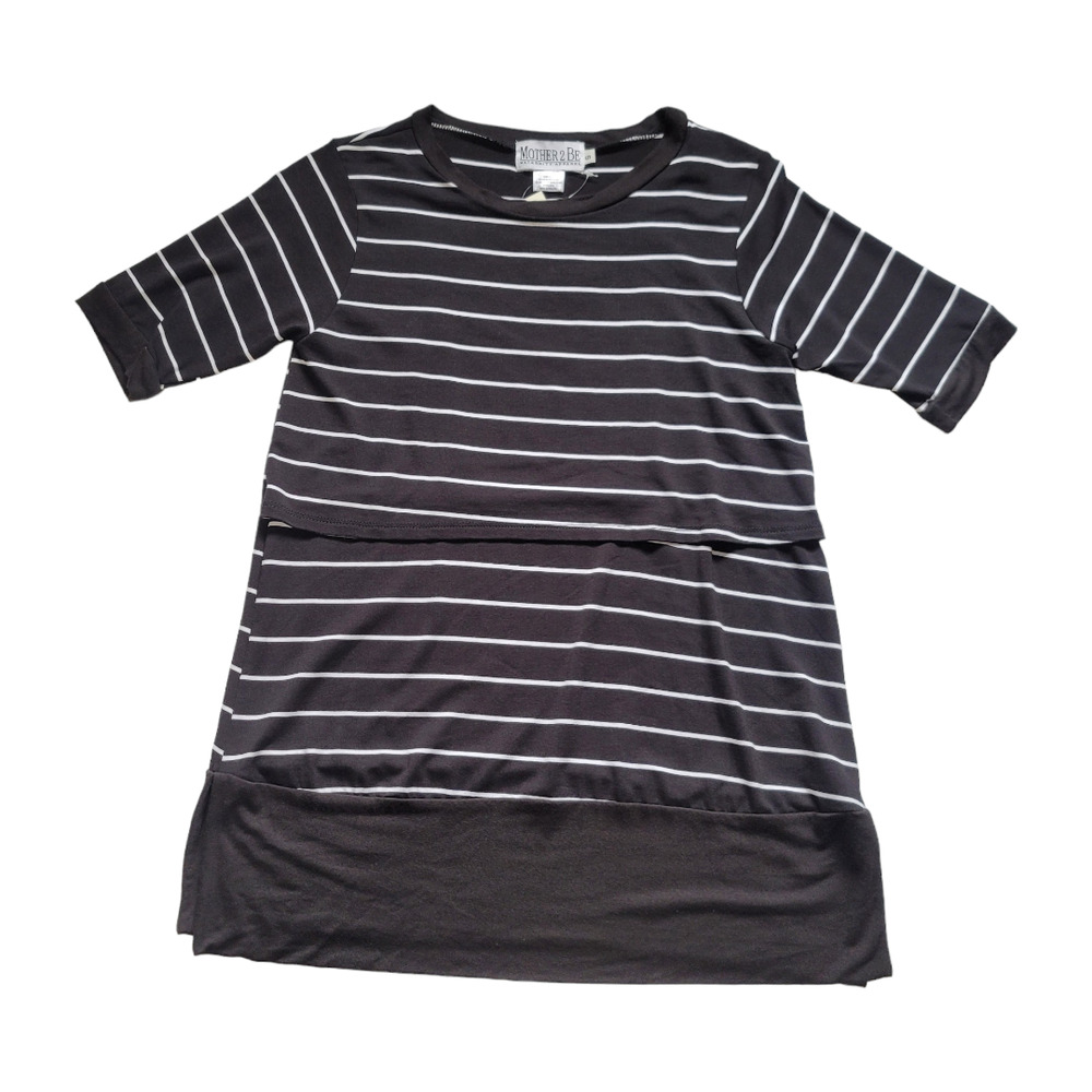 Mother 2 Be Maternity Nursing Wear Short Sleeve Black White Striped Top - Picture 3 of 10